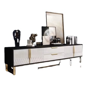 Ensemble de table basse et de meuble <span class=keywords><strong>TV</strong></span> pour salon, couleur blanc et noir moderne, avec pieds en acier inoxydable doré - Product Image 2
