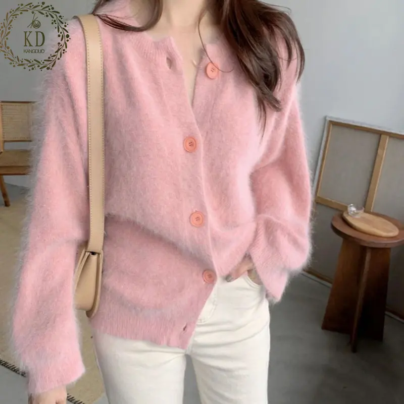 KD Fabricant de chandails en tricot personnalisés École coréenne Cardigan en fausse fourrure en mohair mignon et chaud pour femmes