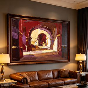 <span class=keywords><strong>Peinture</strong></span> architecturale Art Déco impasto peinte à la main sur toile, arches superposées, dorure délicate, prune bordeaux riche, à suspendre - Product Image 1