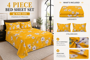 Set di Lenzuola Stampate in Cotone, 4 Pezzi, 2 Lenzuola e 2 Federe, Motivo Floreale - Product Image 2