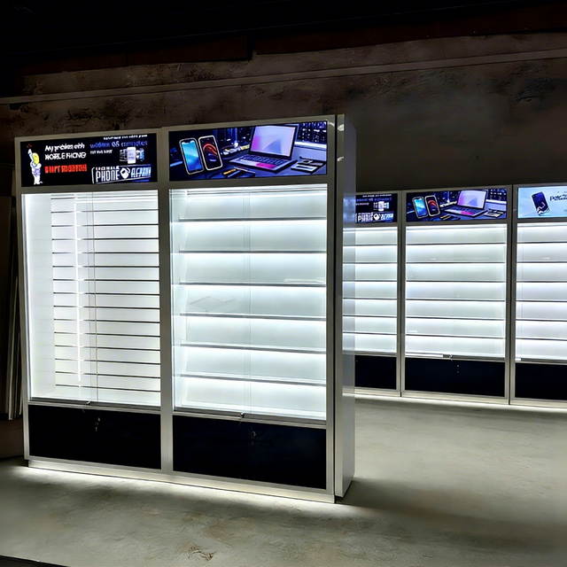 Customized Mobile Repair Shop Showcase Cellphone Store Display Shelves Phone Case Display Rack Design for Mobile Shop