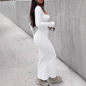 Повседневное платье в европейско-американском стиле с высокой талией, круглым вырезом, облегающее, сексуальное, однотонное, с тонким рубчиком, стройнящее талию, длинное. - Product Image 3