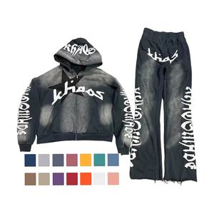 Conjunto de Sudadera con Capucha y Pantalones de Chándal para Hombre, Tallas Grandes, Estilo Vintage, Lavado Ácido, con Parches Desgastados y Diseño de Retazos, para Invierno - Product Image 1