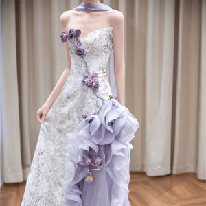 Elegante Vestaglia <span class=keywords><strong>da</strong></span> Sposa Viola, Abito <span class=keywords><strong>da</strong></span> <span class=keywords><strong>Cerimonia</strong></span> per Donne, Bellissimo Abito <span class=keywords><strong>da</strong></span> Sera, Stile Dolce con Fiori Fatti a Mano - Product Image 3