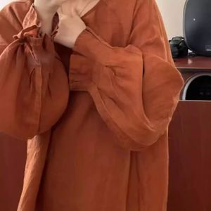 Nuova camicetta di <span class=keywords><strong>lino</strong></span> 100% con maniche a lanterna <span class=keywords><strong>arancione</strong></span> da <span class=keywords><strong>donna</strong></span> in puro stile francese Cool look di fascia alta estetica Top Pullover largo - Product Image 3