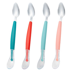 Vente en gros cuillère en silicone OEM pour bébé en acier inoxydable avec outils de <span class=keywords><strong>grattage</strong></span> de purée de fruits aux deux extrémités, cuillère à double tête - Product Image 2