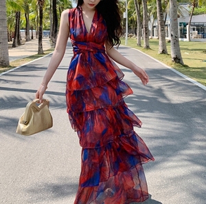 Vestido de estilo coreano con espalda abierta y cuello en V, lazo en la cintura, vacaciones en la playa, capa por capa, volantes, dobladillo grande - Product Image 1