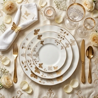 Service de vaisselle de luxe en porcelaine fine dorée motif papillon, assiettes rondes à bord ondulé pour mariage, dessert et salade
