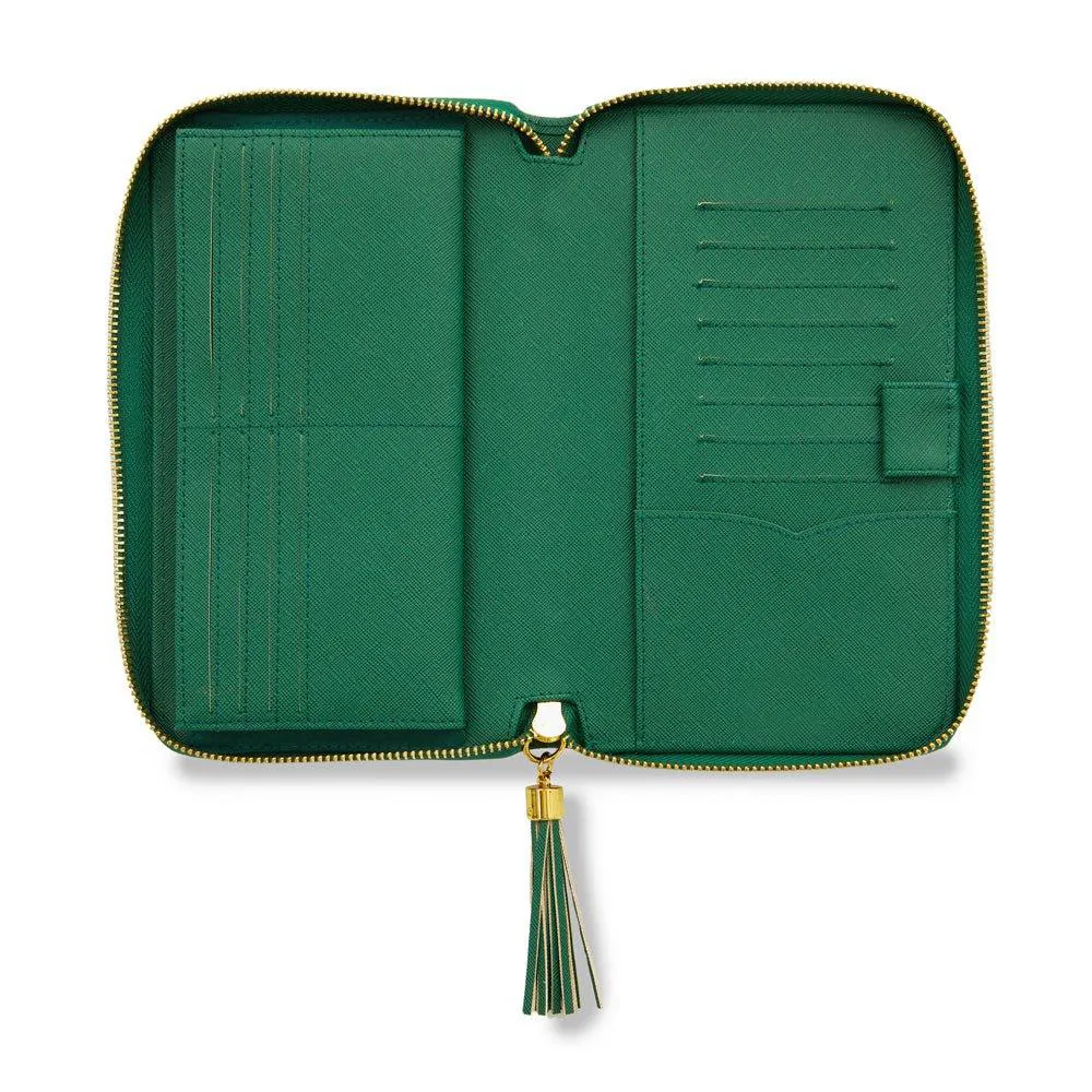 Zip folio green agenda cover custom logo women wallet long saffiano leather travel wallet with tassel