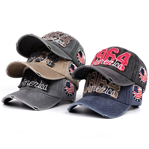 Cappello Americano Lavato 1964 con Ricamo, Berretto da Baseball Stile Vintage Europeo e Americano, Cappello da Sole Sbiadito con Visiera, Cappello con Bandiera Ricamata - Product Image 1