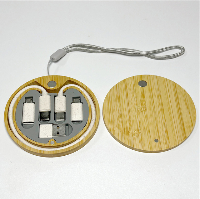 HYTO New Wheat Straw Bamboo Wood Data Cable, 4 IN 1 60W Fast Charging Multi-Head Charging Cable Adapter, Gift Cable