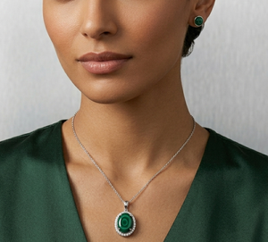 Collier pendentif ovale en argent 925 avec pierre verte et strass, bijou pour femme - Product Image 2