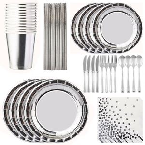 Juego de Vajilla Desechable Plateada para Fiestas, Platos, Servilletas y Vasos de Papel para Decoración de Cumpleaños - Product Image 1