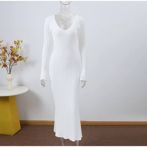 Vestido Casual de Punto para Mujer, Cuello <span class=keywords><strong>en</strong></span> V, Estilo Ribbed, Otoño Invierno 2026, Elegante, Plisado, Línea A, Vestidos Largos Casuales - Product Image 4