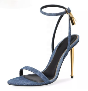 नुकीले खुले पैर की अंगुली शैली सोने ताला टखने का पट्टा सुरुचिपूर्ण सेक्सी अद्वितीय लक्जरी ऊँची एड़ी के जूते 2022 डेनिम धातु नीले असली लेदर अजीब शैली - Product Image 1