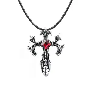 The new punk hip-hop style Metal Jesus cross retro diamond-encrusted pendant wing necklace