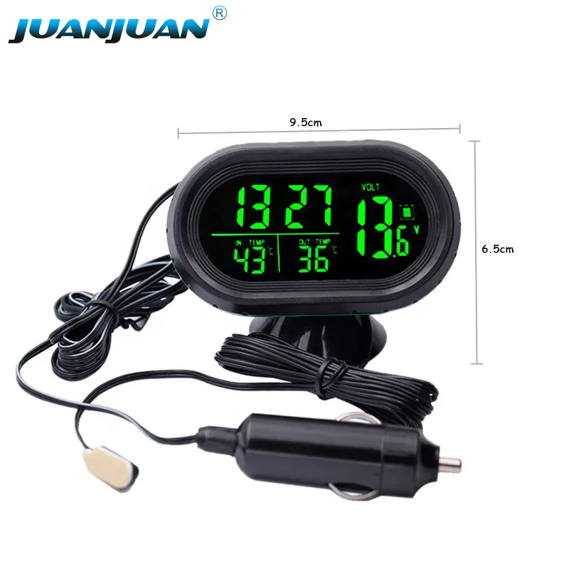 DC 12V/24V Backlight car Voltmeter Time Thermometer LED Digital Car Thermometer Temperature Meter Car Voltage Tester Green