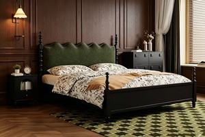 Premium <b>Queen</b> <b>Size</b> Black Wood Spindle <b>Bed</b> With Green Velvet Scalloped Headboard For Bedroom - Product Image 4