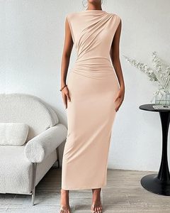 Nouvelle Arrivée I-0638 Robe Longue Asymétrique Peinte Sans Manches Décontractée Couleur Unie Dos Nu Moulante Naturelle pour Femme - Product Image 3