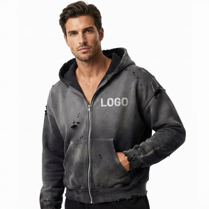 OEM Custom Streetwear 500gsm Vintage Cotton Zip up Oversized Waffle Knit Sun Faded Acid Washed Distressed <strong>Hoodie</strong> Men Supplier - Product Image 3