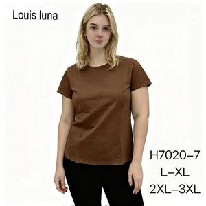 HDJ T-shirt estiva traspirante da donna con scollo tondo e maniche corte, top casual in cotone, taglia plus, t-shirt marrone H7020-7 - Product Image 1