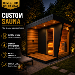 HG Custom Outdoor Room Canadian Hemlock <b>Red</b> Cedar Modern Wooden Cube with Panoramic Glass and Wood Burning Stove - Product Image 1