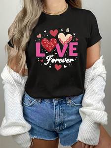 T-shirt imprimé Love Forever Rose Heart pour femme, col rond, manches courtes, décontracté, pour la Saint-Valentin, 100% coton, lavable en machine - Product Image 3