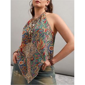 Women's Plus Size Paisley Halter Top Boho <b>Tie</b> <b>Back</b> Asymmetrical Summer Top Sleeveless Woven Viscose Polyester Leisure Wear - Product Image 2