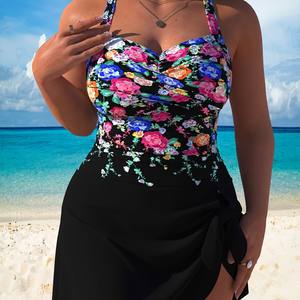 Traje de baño de una pieza de talla grande para mujer, con cuello halter cruzado, efecto adelgazante, ropa de playa, vestido de baño negro, moda de verano - Product Image 4