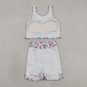<span class=keywords><strong>Tenue</strong></span> décontractée athlétique pour filles, motif drapeau américain 4 juillet, avec débardeur, jupe-short et short de yoga pour enfants - Product Image 6