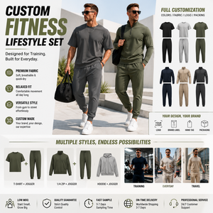 Custom Men's Polyester Fitness Lifestyle Set Gym Casual Wear Jogger Pants Quarter Zip Pullover Sportswear OEM Private Label Made