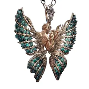 valentines day gift new sweater chain with diamond encrusted blue couple pendant Angel Butterfly Wing Necklace jewelry