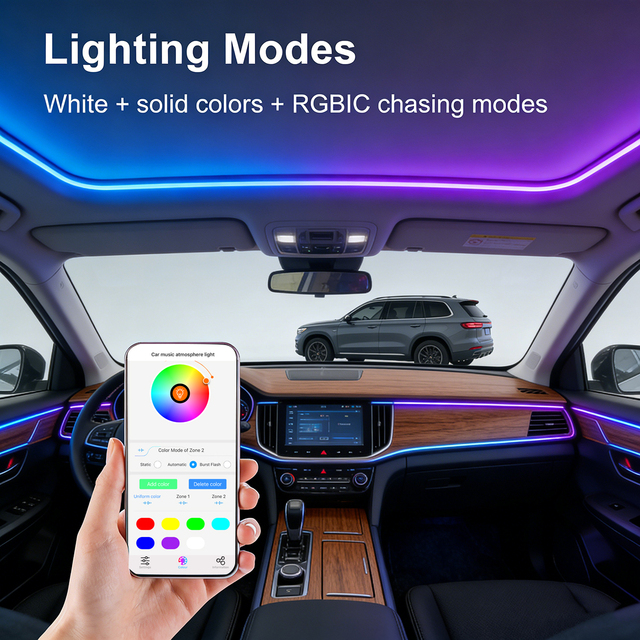 Music Sync Wireless APP Control Car Interior Acrylic LED Strip Light Dynamic Dreamcolor Chasing Ambient Internal Lighting Kit