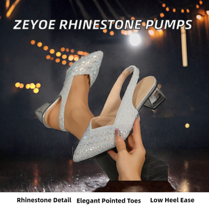 Chaussures à talon bas à bout pointu ornées de strass grande taille, respirantes, avec fermeture à bouton à la cheville, pour la danse et le travail, en caoutchouc, été, automne, hiver - Product Image 2