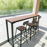 Outdoor-Hochbar-Tischset mit WPC-Holz-Kunststoff-Tischplatte und schwarzem Metallrahmen in Thekenhöhe für Terrasse, Garten, Balkon, Resort und Café