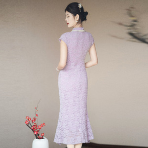 Robe Cheongsam en dentelle violette pour <span class=keywords><strong>femme</strong></span> Vintage Elegant Chinese Traditional Short Sleeve Dresses Light Ripe Style Qipao - Product Image 4