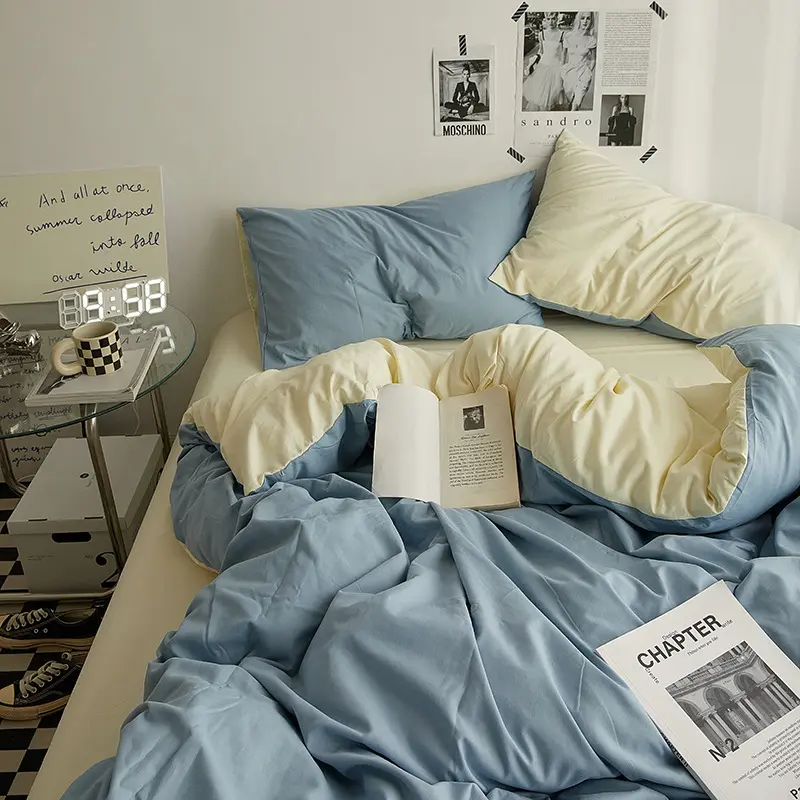 Biancheria da letto in cotone lavato doppio patchwork tinta unita e lenzuola per dormitorio per studenti copripiumino cappello da letto set 3 / 4 pezzi
