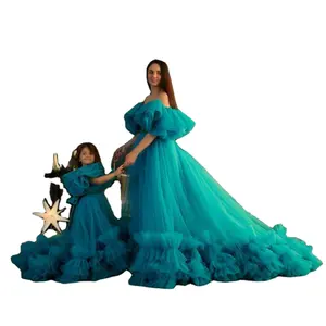 New Arrival Fluffy Mother And Me Tulle Dresses Ruffles With Train Plus Size For Photo Shoot Mom and Daughter Tulle Evening Dress