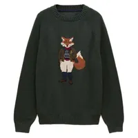 Pull en tricot pour homme confortable, col rond, vert foncé, avec logo jacquard sur le devant, pour l'hiver