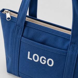 Blue Canvas <b>Tote</b> <b>Bag</b> <b>with</b> Zipper and Outer <b>Pocket</b> Custom LOGO Reusable Shopping <b>Bag</b> - Product Image 4