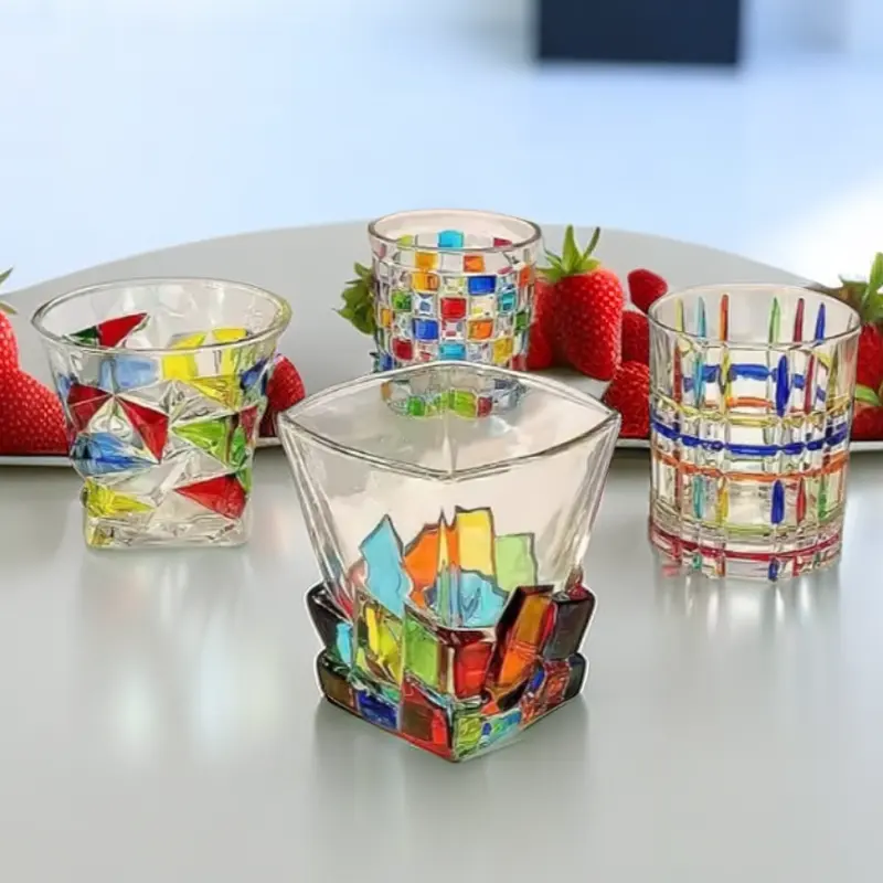 Nordic handmade colored painted crystal vertical grain Bar Tea Milk Coffee Whisky glass cup vintage grid wine mugs