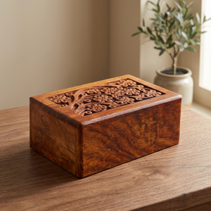 Urna Funeraria de Madera de Palisandro Grabada a Mano con Diseño del Árbol de la Vida, Acabado en Madera Natural, Tamaño Pequeño para Cenizas Humanas y de Mascotas - Product Image 1