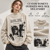 Sweat-shirt à col montant en maille côtelée pour femme, imprimé sérigraphié, coupe oversize, décontracté, en molleton, marque privée