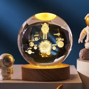 Sistema Solar 3D, lámpara de noche de bola de cristal de arte K9, lámpara de noche de bola de cristal luminosa, lámpara de noche de bola 3D con Base de luz de noche Led de madera