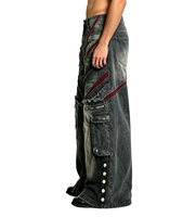 SOONREE Jeans à patchs tête de mort pour hommes, coupe évasée style rockstar, en denim noir, avec chaînes multiples, style gothique punk streetwear, vente en gros