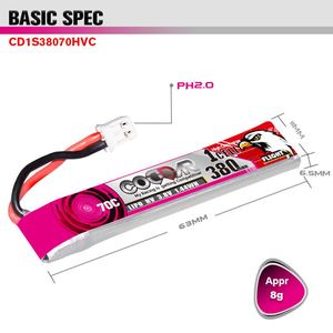 CODDAR batteria LiPo 1S 380MAH <span class=keywords><strong>3</strong></span>.8V 70C PH2.0 con Drone FPV cablato ad alta tensione HV LiHV polimeri di litio - Product Image 3