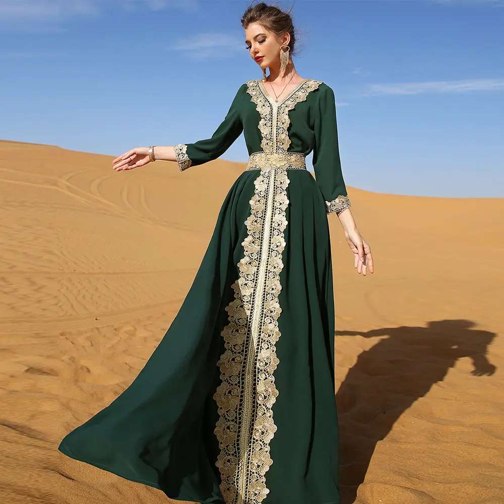 Arabian Embroidered Lace Dark Green Floor Length Dress With Gold Waistband Muslim abaya Ethnic Style Dress