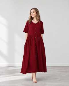 Robe personnalisée en coton et lin pour femme, boutonnée sur le devant, col en V, manches courtes, coupe décontractée, grandes tailles, fournisseur B2B en gros pour l'exportation - Product Image 1
