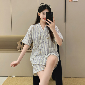Pyjama d'été pour <span class=keywords><strong>femme</strong></span>, ensemble <span class=keywords><strong>kimono</strong></span> <span class=keywords><strong>Geisha</strong></span> nuageux, mignon, dessin animé, manches courtes et short - Product Image 3