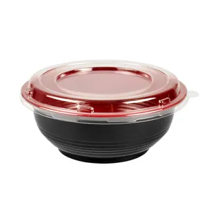 700毫升环保一次性红色黑色碗PP塑料圆形食品容器带盖子的沙拉面汤碗